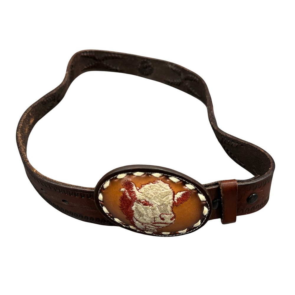 Tony Lama Western Belt Mens 32 Brown Leather Embroidered Bull Buckle USA 4813